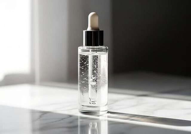 Close view of a glass dropper bottle holding golden serum